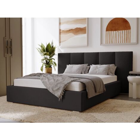 GRAINGOLD 180x200 Lisbon - Doppelbett mit stilvoll massives Kopfteil - Bettkasten, Samtstoff & Lattenrost - Schwarz