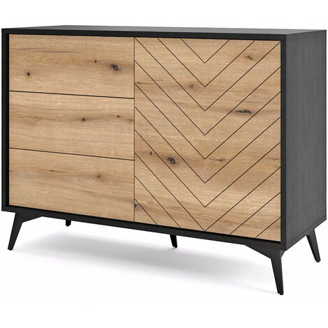GRAINGOLD Schubladenkommode Deyn - Kommode mit 3 Schubladen und 1 Tür - Kommode, Sideboard - Schwarz / Evoke-Eiche