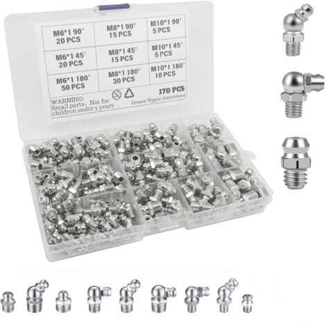 Graisseur - M6 M8 M10 - Filetage 1 mm - Embouts Droits et Angulaires 45° 90° 180° - Pour Équipements Mécaniques et Hydrauliques - Lot de 170 Pièces