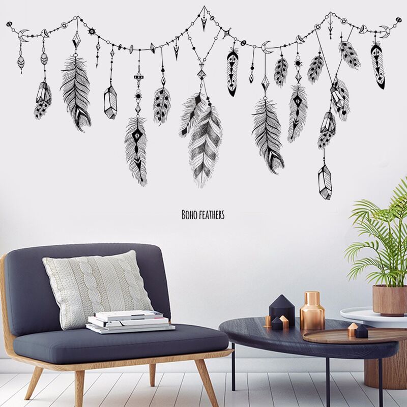 

Gran atrapasueños negro, pegatina de pared con plumas, Material de PVC, decoración de pared DIY, papel tapiz autoadhesivo para decoración de sala de