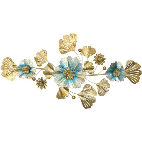 Gran decoración de pared de metal – Hojas y flores – Dorado y azul claro – 118 cm DEC050006