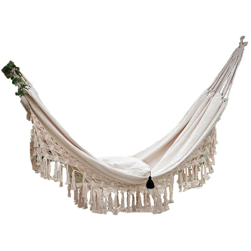 

Gran Macrame brasilena Fringe 2 persona Doble Deluxe Hamaca mecedora neto cambios de silla de interior hamaca colgante, White