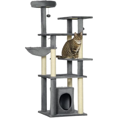 Gran torre para gatos de 144 cm con postes rascadores, cama, cueva, plataformas y bolas colgantes. Medidas: 49 x 49 x 144 cm. Color gris.