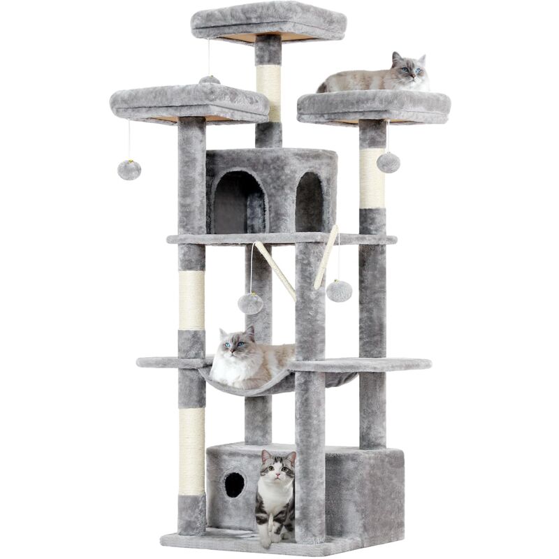 Grand Arbre à Chat avec 3 Plate-Formes, Hamac, Bâtons Amovibles avec Pompons, Tour d'escalade Stable avec 4 Poteaux en Sisal, 158 cm, Gris Clair