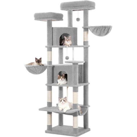 Grand Arbre à Chat, Tour de Jeux pour Chats, Arbre à Grimper avec Griffoirs, 2 Condos Confortables, 2 Perchoirs, 2 Paniers, Hamac, pour Usage Intérieur, Gris Clair