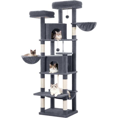 Grand Arbre à Chat, Tour de Jeux pour Chats, Arbre à Grimper avec Griffoirs, 2 Condos Confortables, 2 Perchoirs, 2 Paniers, Hamac, pour Usage Intérieur, Gris Foncé