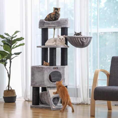 FEANDREA Arbre à Chat, avec Plate-Forme d’Observation XXL, Hamac, Grande Grotte, Tunnel, Troncs épais en sisal Noir, Stable, Confortable, Gris Clair/Gris Clair et Couleur Boisée