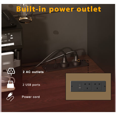 Grand armoire de cuisine dotée d’entrées USB et d’électroménagers. Il y a également un meuble de rangement avec 4 portes et 3 tiroirs. L’armoire est équipée d’un éclairage LED. Couleur noire, dimensio