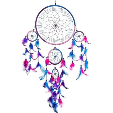 Grand Attrape rêve Bleu Roi, Rose, Violet Dreamcatcher à Perles & à Plumes Fait Main, Capteur de Rêves Multicolore(22x60 cm)