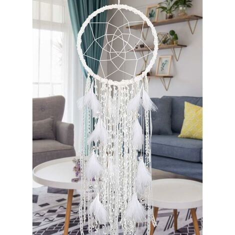 Grand Attrape-rêves avec Blanc Plumes et Cloche Capteur de rêves Boho Macramé Tenture Murale Décoration de Maison Noël Artisanat Ornement Cadeau(Blanc)