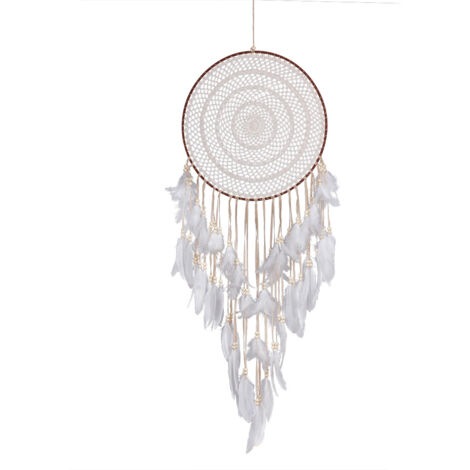 Grand attrape-rêves de style bohème, orné de plumes blanches, tissé à la main, idéal pour un mariage vintage ou une décoration intérieure. Diamètre : 35 cm, longueur : 115 cm, blanc.