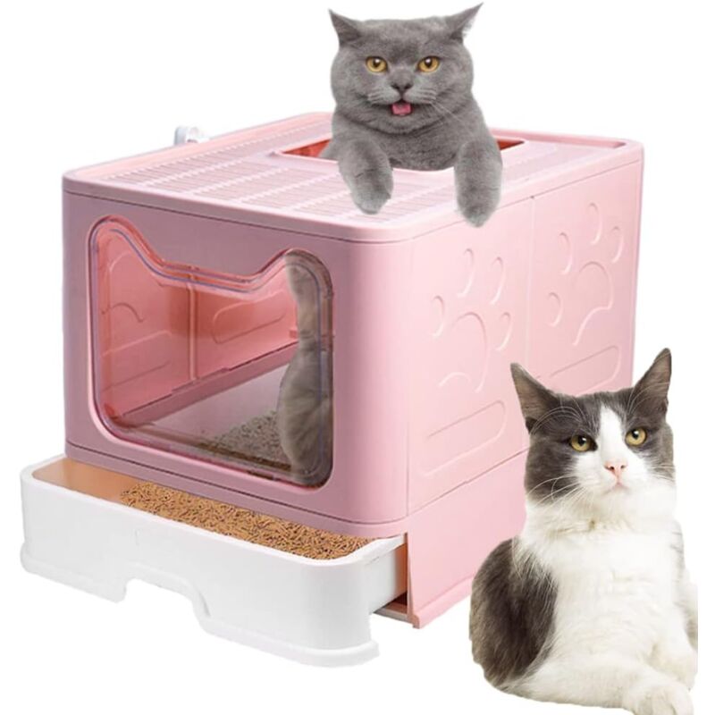 Zoternen Bac à Litière pour Chat,Grande Maison de Toilette Chat Pliable avec Couvercle,Bac de Tiroir et Pelle à Litière,Portable,WC pour Chats avec