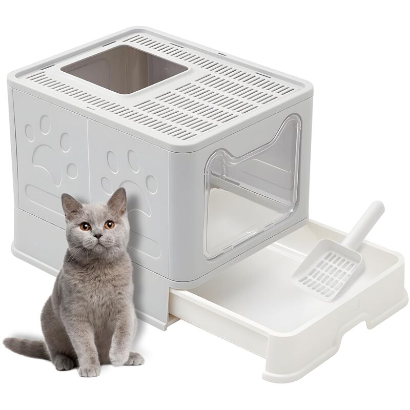 Bac à Litière pour Chat,Grande Maison de Toilette Chat Pliable avec Couvercle,Bac de Tiroir et Pelle à Litière,Portable,WC pour Chats avec Couvercle