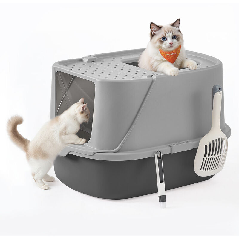 Grand Bac à Litière pour Chat, Taille XXL, Litière pour Chat avec Couvercle Basculant, avec Pelle et Brosse, pour Chats Jusqu’à 15 kg, Gris