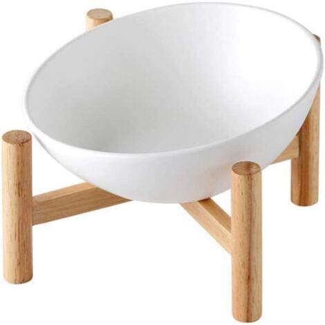 Grand Blanc Porte-gamelle Surélevée Gamelle incliné pour Chien et Chat Céramique avec Bambou Support en Bois Grand-Fei Yu