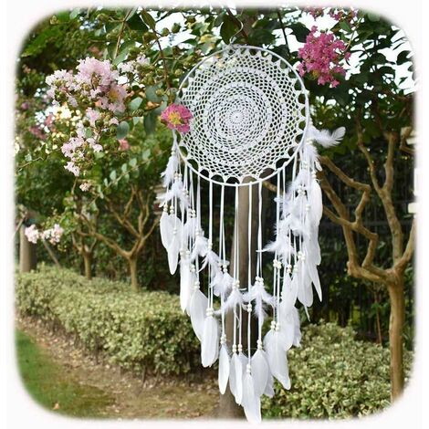Grand Boho Capteur de rêves Plume Blanche Macramé Tenture Murale Vintage Wedding Home Décorations 35cm Cercle 115cm Long
