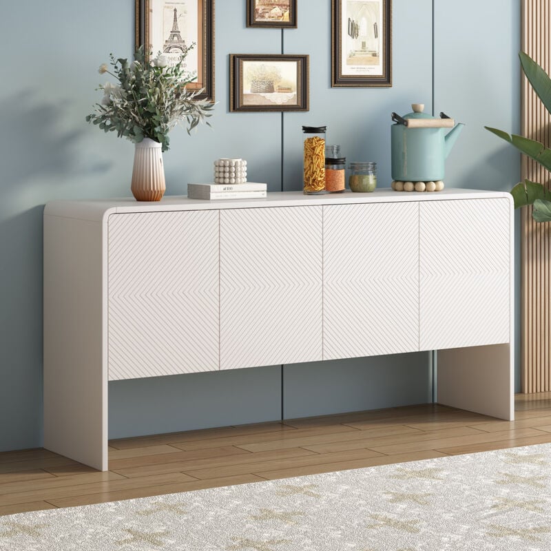Grand buffet de rangement de style minimaliste avec 4 portes et dispositif de recul pour salon et entrée (blanc)