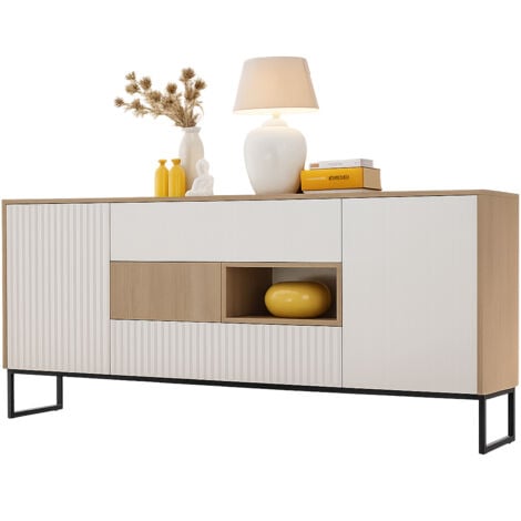 DUSINE Grand buffet scandinave NOE 197 cm - sans poignées - bois et pieds noir metal