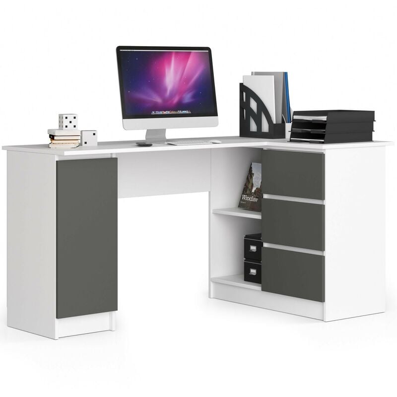 Akord - Grand bureau d'angle droit B20 Blanc 155 cm 1 porte 3 tiroirs façade Gris Graphite 4 étagères 155x85x77 cm