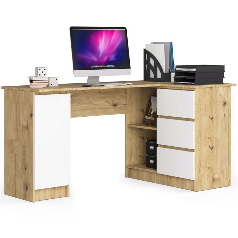 Akord - Grand bureau d'angle droit B20 Chêne Artisan 155 cm 1 porte 3 tiroirs façade Blanche 4 étagères 155x85x77 cm