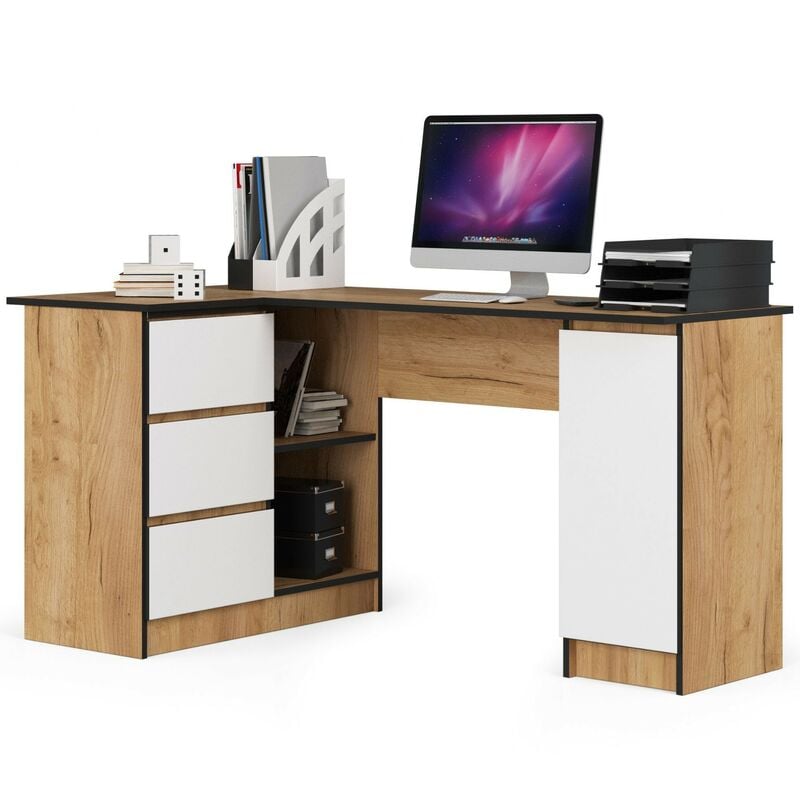 Akord - Grand bureau d'angle gauche B20 Chêne Craft 155 cm 1 porte 3 tiroirs façade Blanche 4 étagères 155x85x77 cm