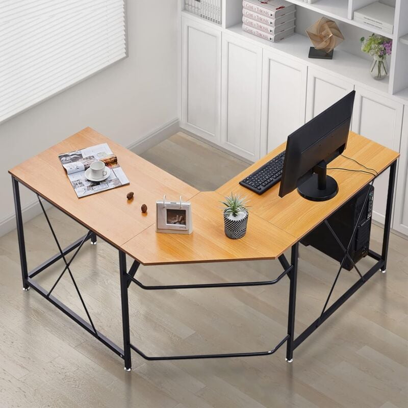 Dolaso - Grand bureau d'ordinateur d'angle en forme de l pour ordinateur portable avec cadre en acier et support de moniteur - Table d'étude pour la