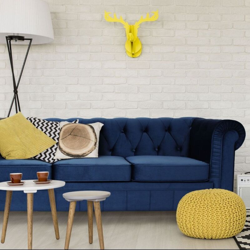 Cotecosy - Grand canapé 3 places Chesterfield Velours Bleu