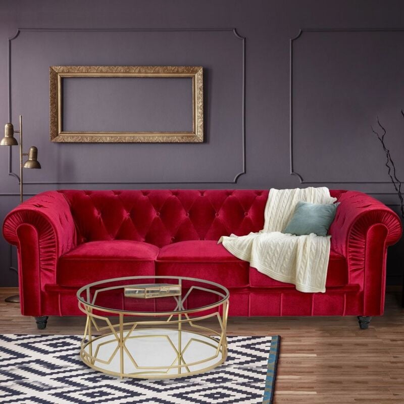 grand canape 3 places chesterfield velours rouge -