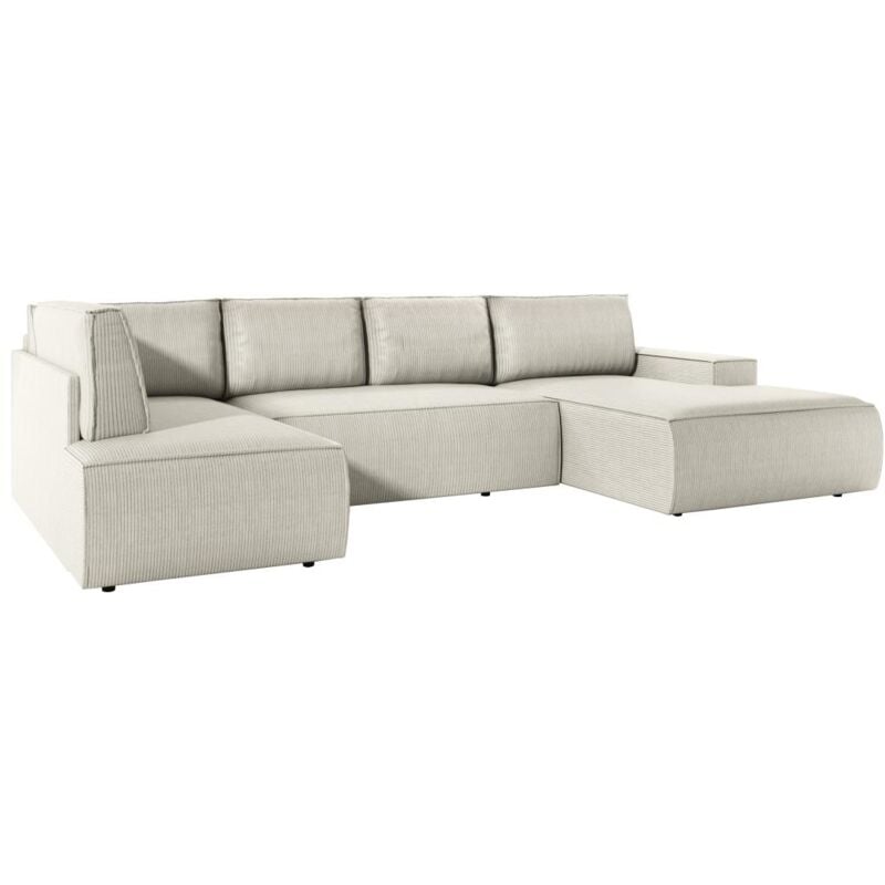 Vente-unique - Grand canapé d'angle droit panoramique convertible en velours côtelé beige amelia