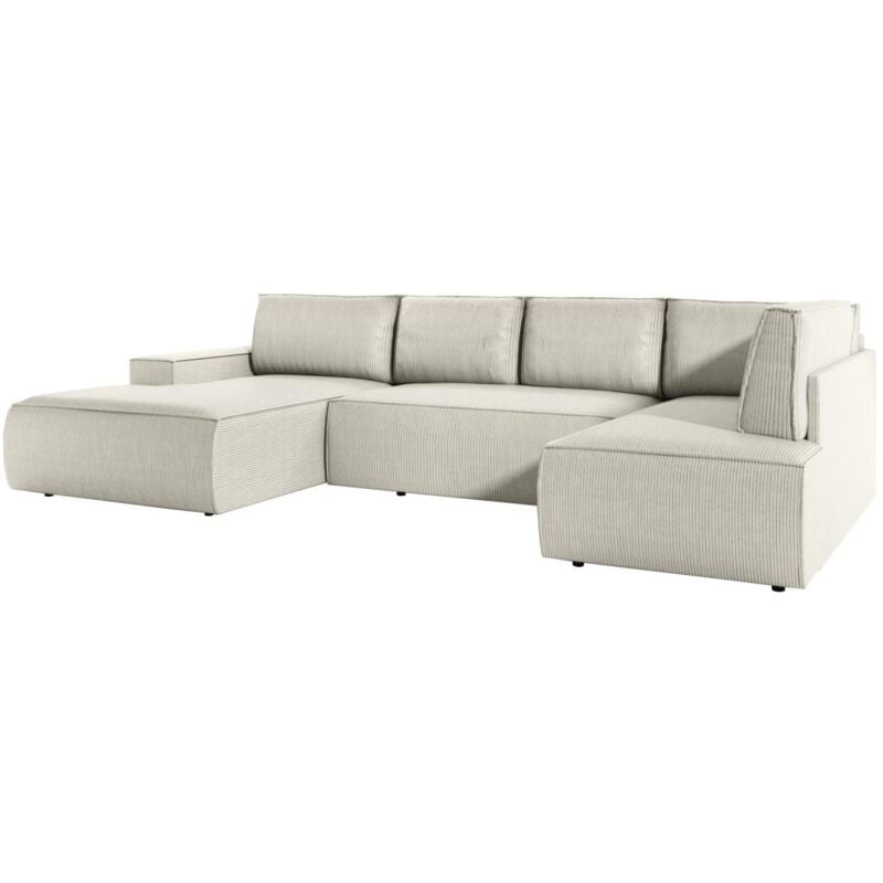 Grand canapé d'angle gauche panoramique convertible en velours côtelé beige AMELIA
