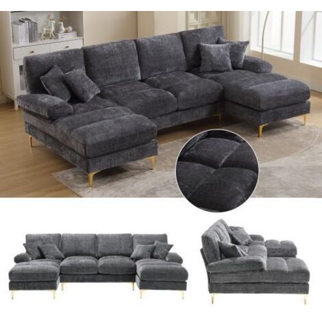 Grand canapé d'angle moderne en chenille en forme de U avec double méridienne, convenant aux salons, chambres, bureaux, appartements, villas, espaces détente, coins cheminée et autres pièces.