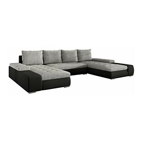 Canapé D'Angle Panoramique Convertible OTIA XXL - 6/7 Places - Simili Et Tissu - Angle Droit Ou Gauche - Gris/Noir - 3