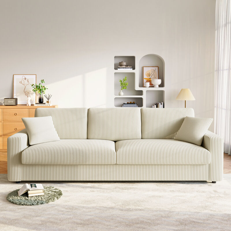 Neche - Grand Canapé en velours côtelé avec 2 Oreillers - Beige - 256 x