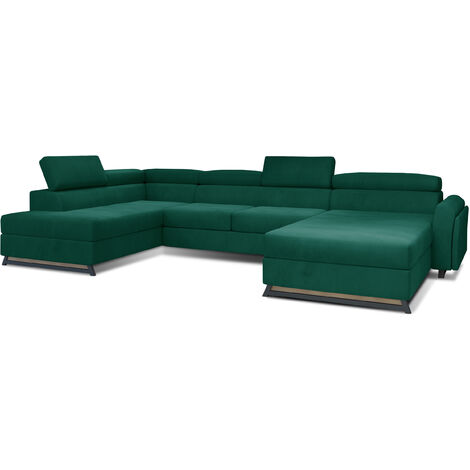 Grand canapé panoramique convertible velours vert avec coffre Konba 370cm-Coffre à gauche