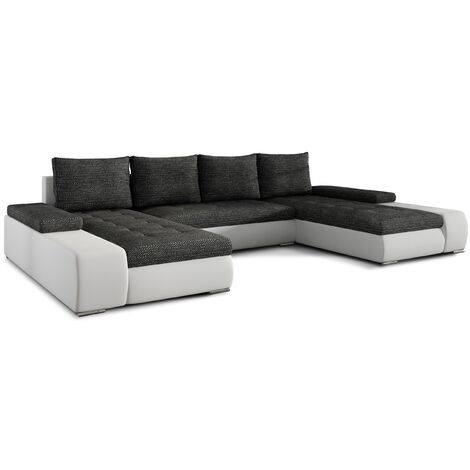 Grand canapé panoramique design simili cuir blanc et tissu gris chiné Tino 363 cm