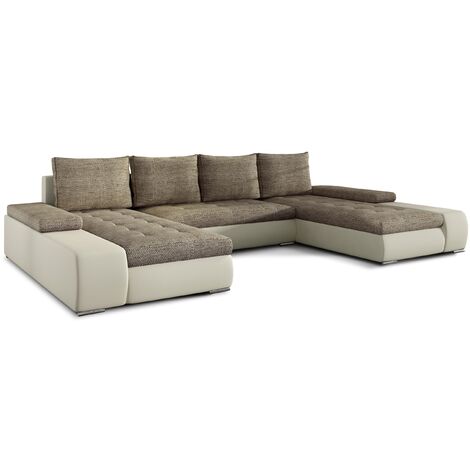 Grand canapé panoramique design simili cuir crème et tissu beige Tino 363 cm