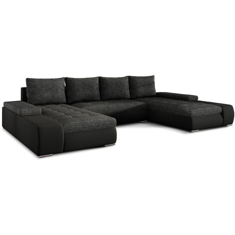 Grand canapé panoramique design simili cuir noir et tissu foncé gris chiné Tino 363 cm