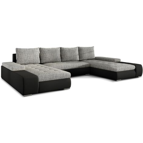Grand canapé panoramique design simili cuir noir et tissu gris chiné Tino 363 cm