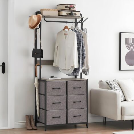 Grand capacité de Rangement – Commode à 6 tiroirs pour Chambre – Structure métal Robuste – Plateau Bois élégant – avec penderie, 4 Crochets latéraux – Idéale pour vêtements et Accessoires-40x78x191 cm