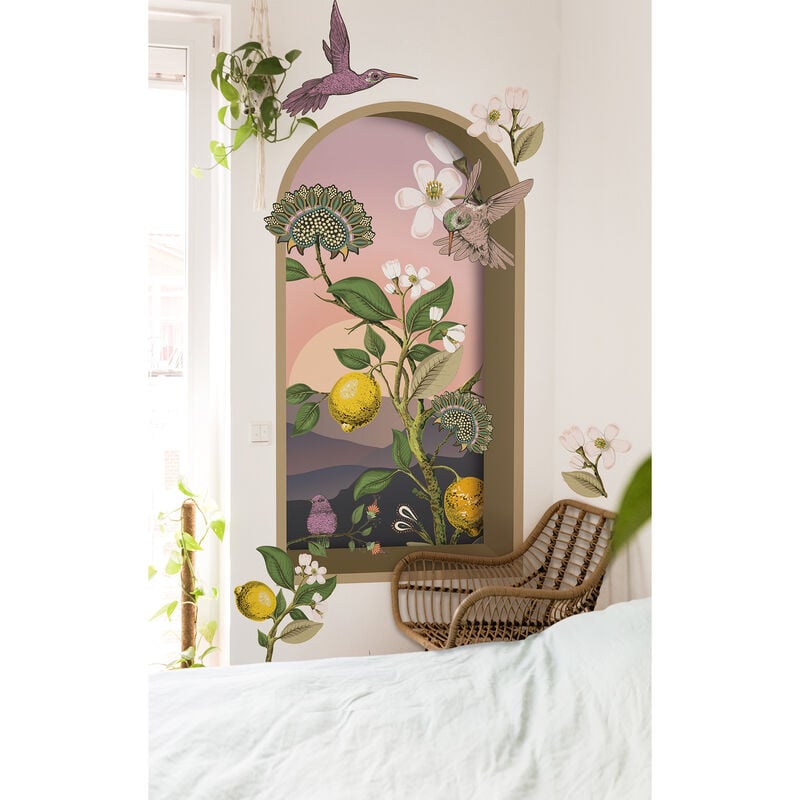 Grand papier peint panoramique découpé, arche 3D en trompe l'oeil tendance arche et niche avec colibris et citronnier, 150 cm x 79 cm