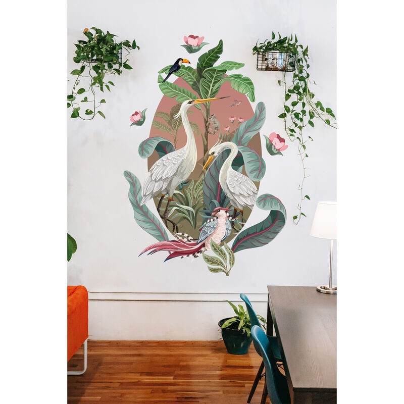Grand papier peint panoramique découpé, oiseaux tropicaux couleurs pastels, grues, toucan, palmier, 148 cm x 85 cm