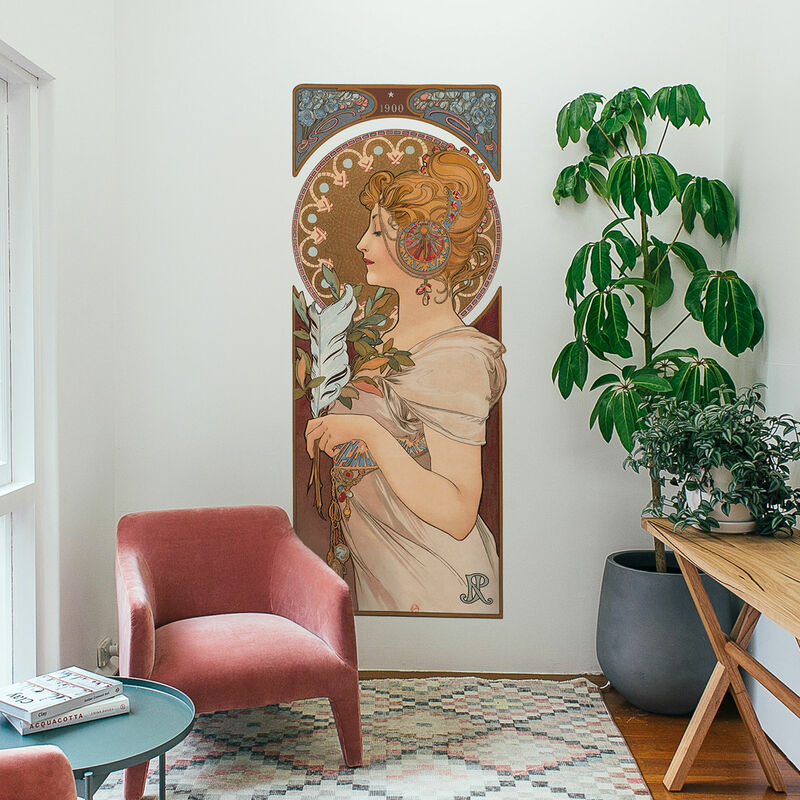 Grand Décor Panoramique Découpé, affiche mucha, la plume, année 1900, art nouveau