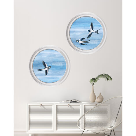 Grand Décor Panoramique Découpé, Boiserie oeil de boeuf ciel et oiseaux II, 166cm X 81cm