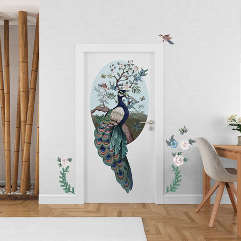 Grand Décor Panoramique Découpé, paon majestueux japonisant accompagné de fleurs bleues, 176 cm X 78 cm