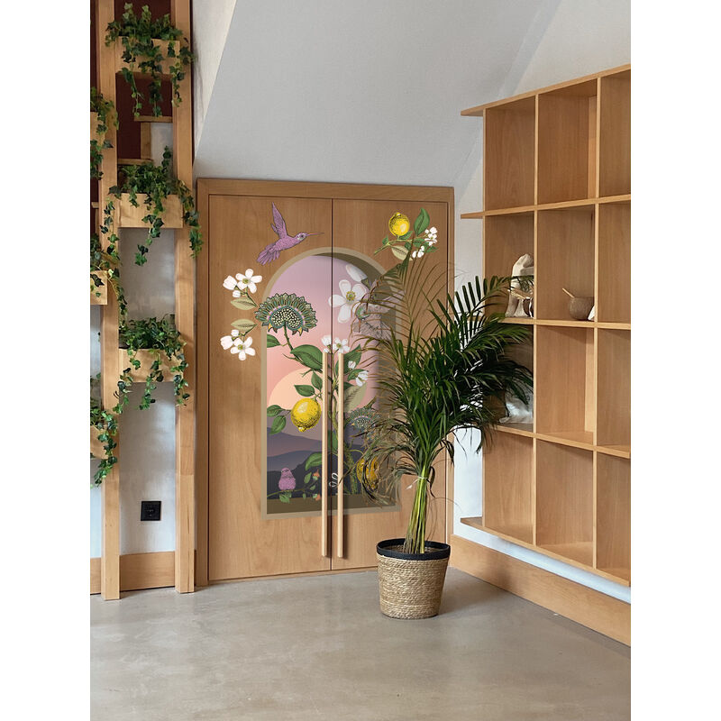 Plage - Grand Décor Panoramique Découpé, trompe l'oeil sur la montagne poétique, brin de citronnier et colibris, 150 cm x 79 cm