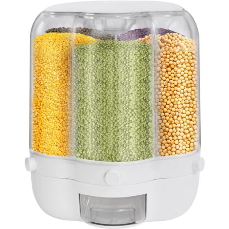 Grand distributeur de céréales - Distributeur de riz rotatif - 6 grilles - Seau de riz - Récipient de rangement avec couvercle - Distributeur de nourriture sèche - Boîte de rangement pour cuisine