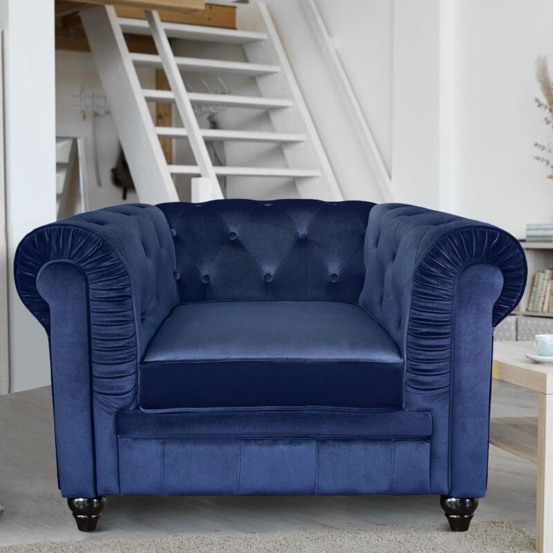 cotecosy - grand fauteuil chesterfield velours bleu