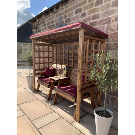 Grand Henley Twin Seater Arbour - L92 x W225 x H194 cm - Burgundy Cushion and Sun Canopy Included - Fully Assembled