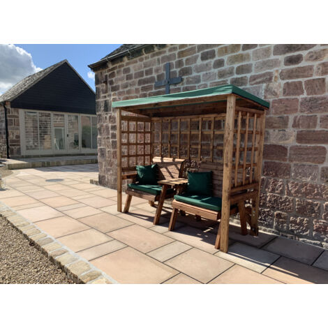 Grand Henley Twin Seater Arbour - L92 x W225 x H194 cm - Green Cushion and Sun Canopy Included - Fully Assembled