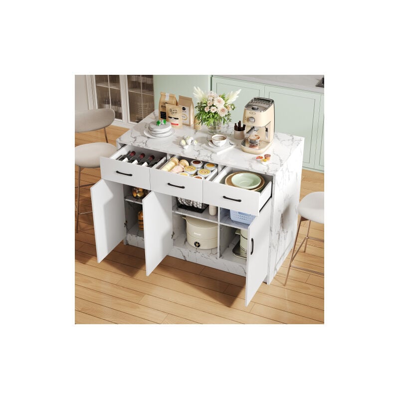 Okwish - Table de cuisine 120x60x90,5 cm avec 3 tiroirs silencieux, 3 portes, étagères réglables, design en marbre blanc